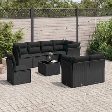 Set mobilier de grădină cu perne, 9 piese, negru, poliratan