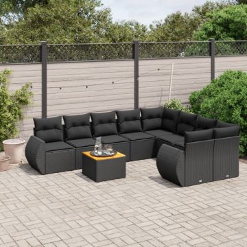 Set mobilier de grădină cu perne, 9 piese, negru, poliratan