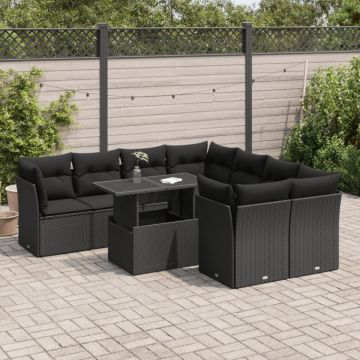 Set mobilier de grădină cu perne, 9 piese, negru, poliratan