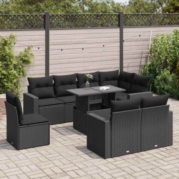 Set mobilier de grădină cu perne, 9 piese, negru, poliratan