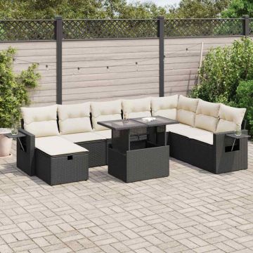 Set mobilier de grădină cu perne, 9 piese, negru, poliratan