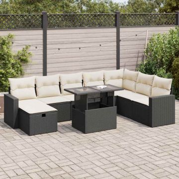 Set mobilier de grădină cu perne, 9 piese, negru, poliratan