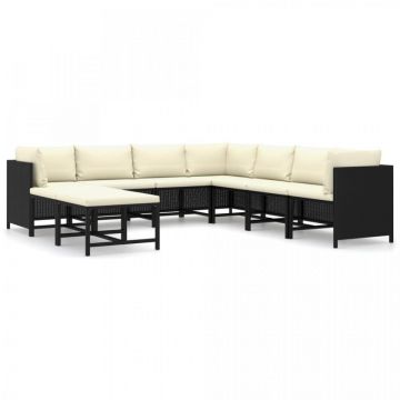 Set mobilier de grădină cu perne, 9 piese, negru, poliratan