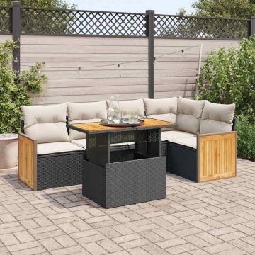 Set mobilier grădină perne 6 piese negru poliratan/lemn acacia