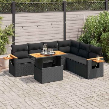 Set mobilier grădină perne 6 piese negru poliratan/lemn acacia