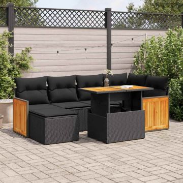 Set mobilier grădină perne 8 piese negru, poliratan/lemn acacia