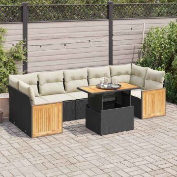 Set mobilier grădină perne 8 piese negru, poliratan/lemn acacia