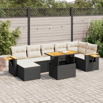 Set mobilier grădină perne 8 piese negru, poliratan/lemn acacia