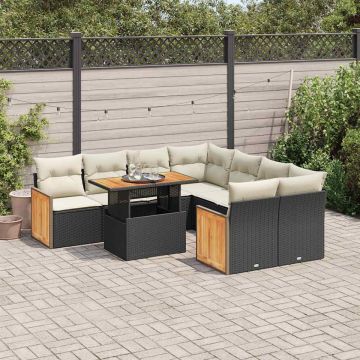 Set mobilier grădină perne 9 piese negru poliratan/lemn acacia