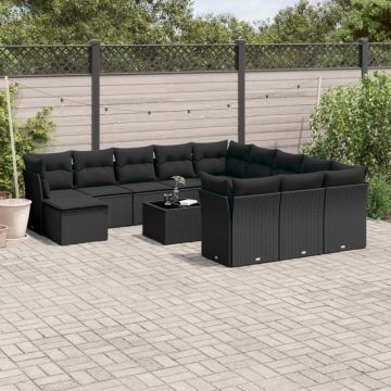 Set mobilier de grădină cu perne, 13 piese, negru, poliratan