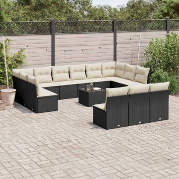 Set mobilier de grădină cu perne, 14 piese, negru, poliratan