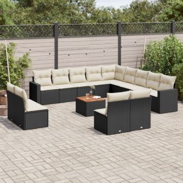 Set mobilier de grădină cu perne, 14 piese, negru, poliratan