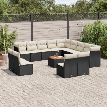 Set mobilier de grădină cu perne, 14 piese, negru, poliratan