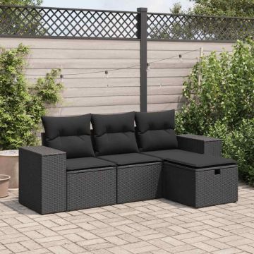 Set mobilier de grădină cu perne, 4 piese, negru, poliratan