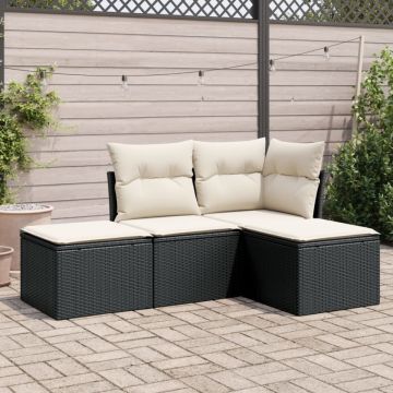 Set mobilier de grădină cu perne, 4 piese, negru, poliratan