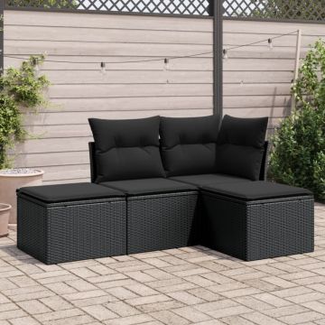 Set mobilier de grădină cu perne, 4 piese, negru, poliratan