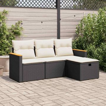 Set mobilier de grădină cu perne, 4 piese, negru, poliratan