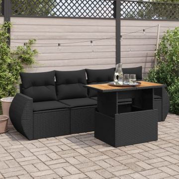 Set mobilier de grădină cu perne, 5 piese, negru, poliratan