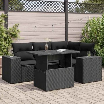 Set mobilier de grădină cu perne, 5 piese, negru, poliratan