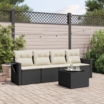 Set mobilier de grădină cu perne, 5 piese, negru, poliratan