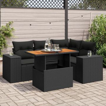 Set mobilier de grădină cu perne, 5 piese, negru, poliratan