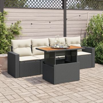 Set mobilier de grădină cu perne, 5 piese, negru, poliratan