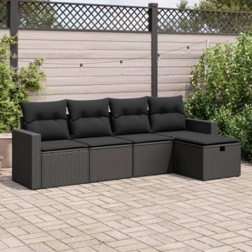 Set mobilier de grădină cu perne, 5 piese, negru, poliratan