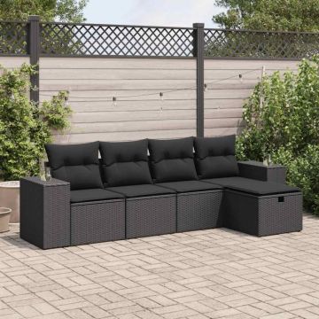 Set mobilier de grădină cu perne, 5 piese, negru, poliratan