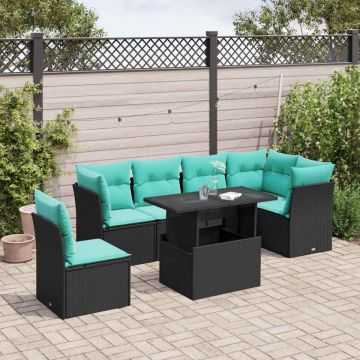 Set mobilier de grădină cu perne, 6 piese, negru, poliratan