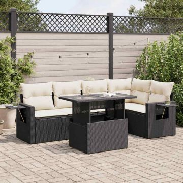 Set mobilier de grădină cu perne, 6 piese, negru, poliratan