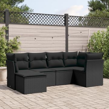 Set mobilier de grădină cu perne, 6 piese, negru, poliratan