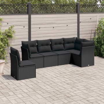 Set mobilier de grădină cu perne, 6 piese, negru, poliratan