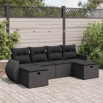 Set mobilier de grădină cu perne, 6 piese, negru, poliratan