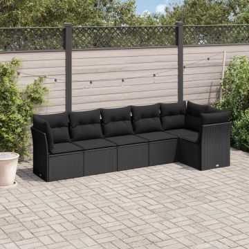 Set mobilier de grădină cu perne, 6 piese, negru, poliratan