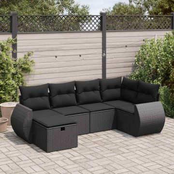 Set mobilier de grădină cu perne, 6 piese, negru, poliratan