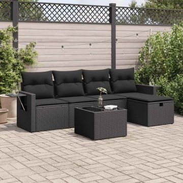 Set mobilier de grădină cu perne, 6 piese, negru, poliratan