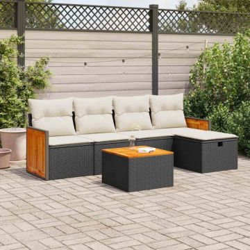 Set mobilier de grădină cu perne, 6 piese, negru, poliratan