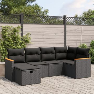 Set mobilier de grădină cu perne, 6 piese, negru, poliratan