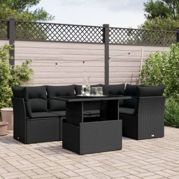 Set mobilier de grădină cu perne, 6 piese, negru, poliratan