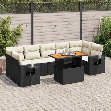 Set mobilier de grădină cu perne, 8 piese, negru, poliratan