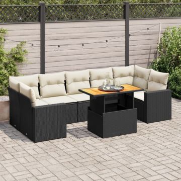 Set mobilier de grădină cu perne, 8 piese, negru, poliratan