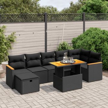 Set mobilier de grădină cu perne, 8 piese, negru, poliratan