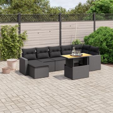 Set mobilier de grădină cu perne, 8 piese, negru, poliratan