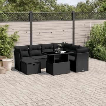 Set mobilier de grădină cu perne, 8 piese, negru, poliratan