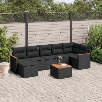 Set mobilier de grădină cu perne, 8 piese, negru, poliratan