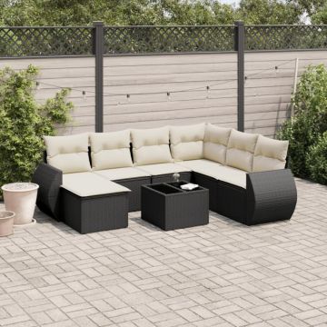 Set mobilier de grădină cu perne, 8 piese, negru, poliratan