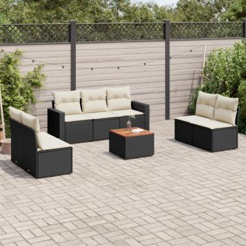 Set mobilier de grădină cu perne, 8 piese, negru, poliratan