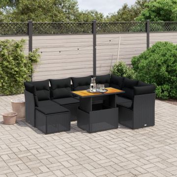 Set mobilier de grădină cu perne, 8 piese, negru, poliratan