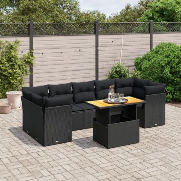 Set mobilier de grădină cu perne, 8 piese, negru, poliratan