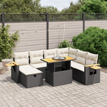 Set mobilier de grădină cu perne, 8 piese, negru, poliratan